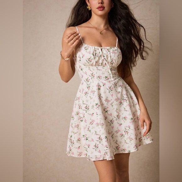 Pink Floral Knee Length White Sundress Dress M - Picture 3 of 8